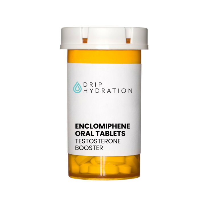 bottle of oral enclomiphene tablets, with drip hydration logo